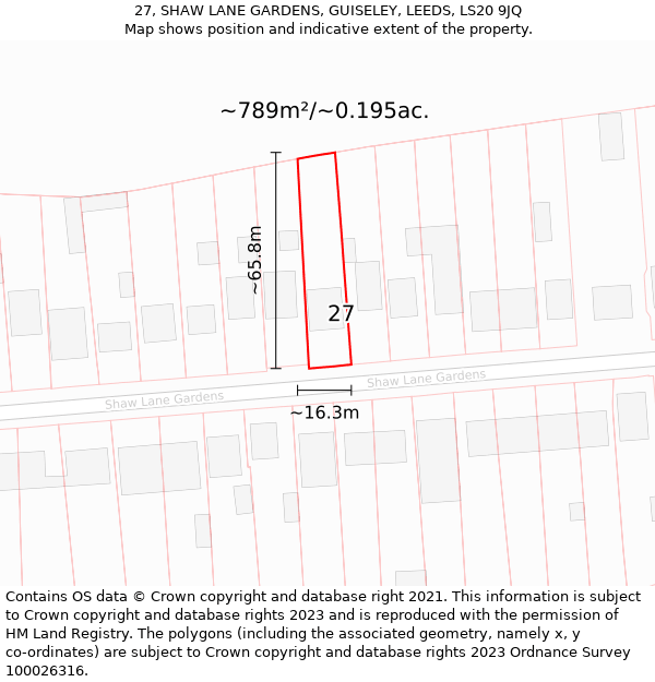 27, SHAW LANE GARDENS, GUISELEY, LEEDS, LS20 9JQ: Plot and title map