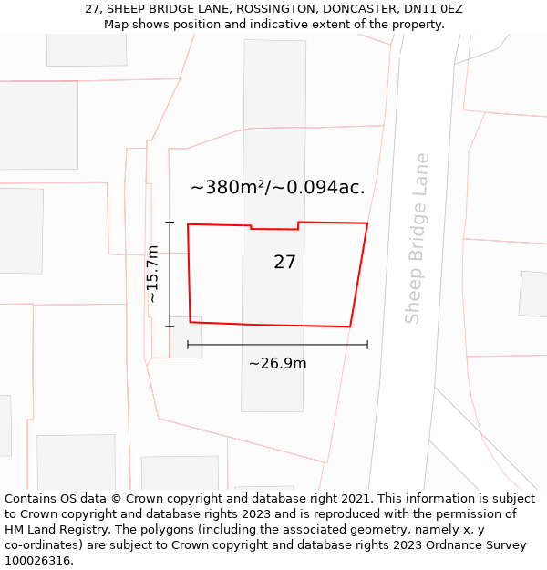 27, SHEEP BRIDGE LANE, ROSSINGTON, DONCASTER, DN11 0EZ: Plot and title map