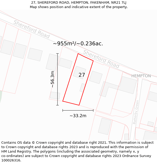 27, SHEREFORD ROAD, HEMPTON, FAKENHAM, NR21 7LJ: Plot and title map