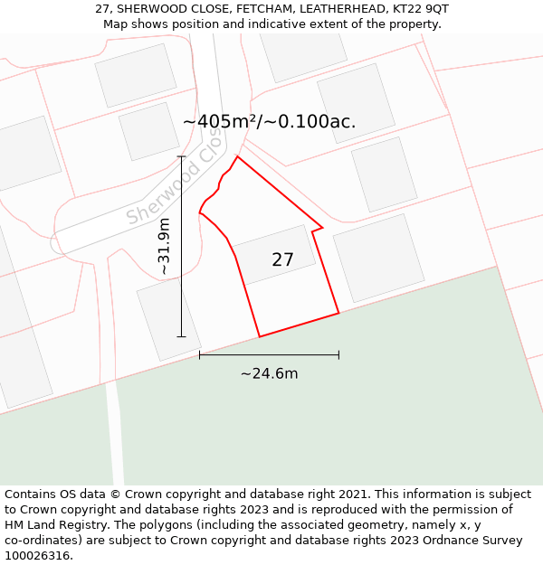 27, SHERWOOD CLOSE, FETCHAM, LEATHERHEAD, KT22 9QT: Plot and title map