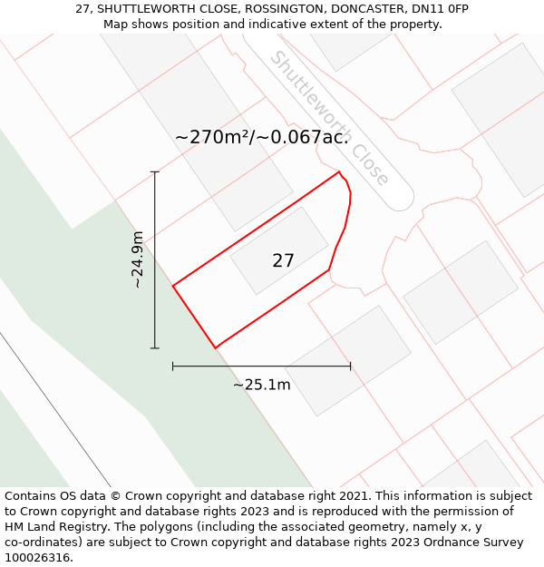 27, SHUTTLEWORTH CLOSE, ROSSINGTON, DONCASTER, DN11 0FP: Plot and title map