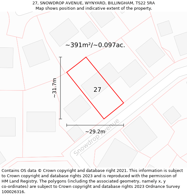 27, SNOWDROP AVENUE, WYNYARD, BILLINGHAM, TS22 5RA: Plot and title map