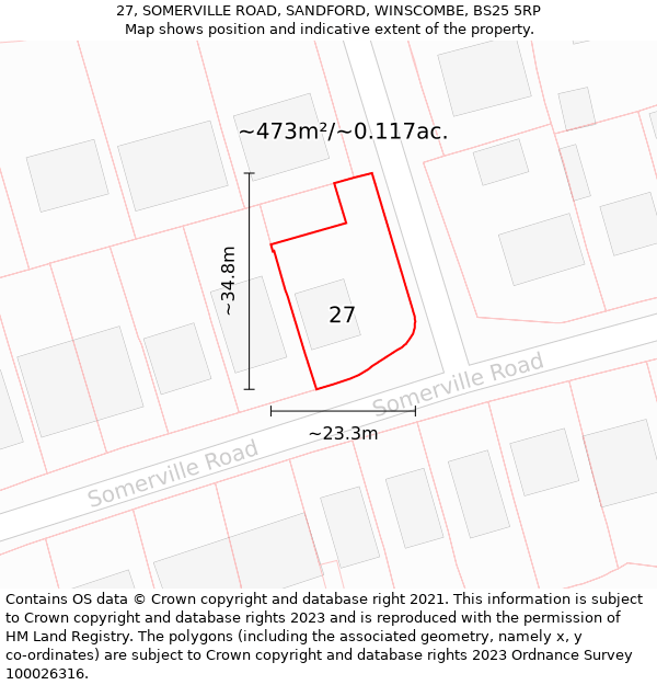 27, SOMERVILLE ROAD, SANDFORD, WINSCOMBE, BS25 5RP: Plot and title map