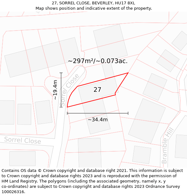 27, SORREL CLOSE, BEVERLEY, HU17 8XL: Plot and title map