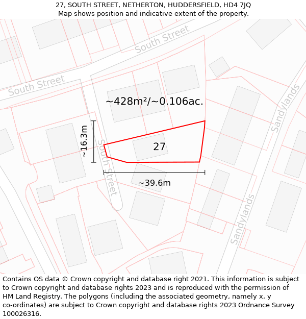 27, SOUTH STREET, NETHERTON, HUDDERSFIELD, HD4 7JQ: Plot and title map