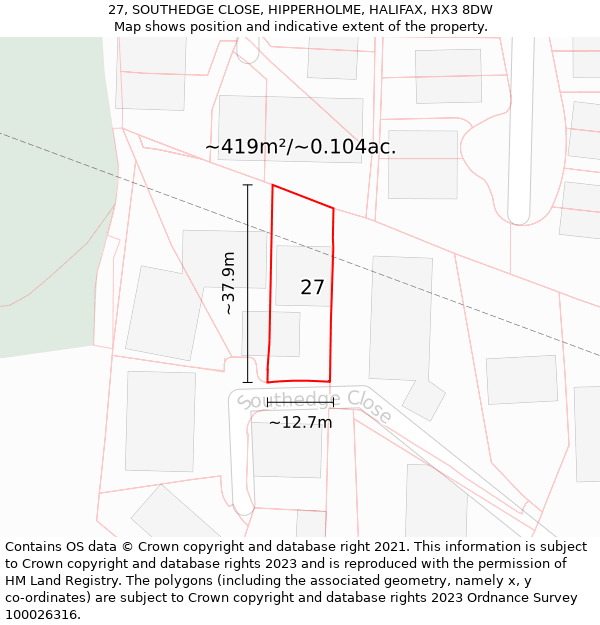 27, SOUTHEDGE CLOSE, HIPPERHOLME, HALIFAX, HX3 8DW: Plot and title map