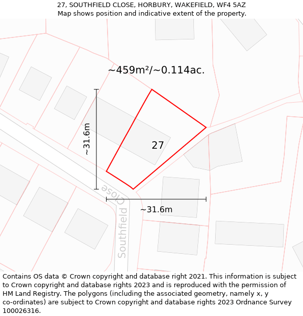 27, SOUTHFIELD CLOSE, HORBURY, WAKEFIELD, WF4 5AZ: Plot and title map