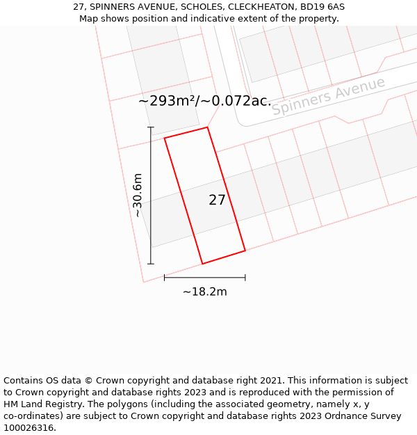 27, SPINNERS AVENUE, SCHOLES, CLECKHEATON, BD19 6AS: Plot and title map