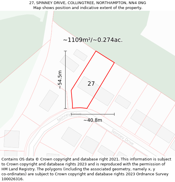 27, SPINNEY DRIVE, COLLINGTREE, NORTHAMPTON, NN4 0NG: Plot and title map