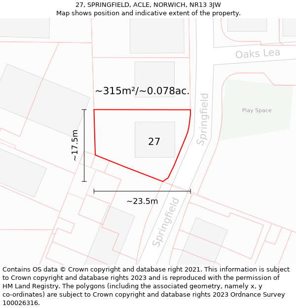 27, SPRINGFIELD, ACLE, NORWICH, NR13 3JW: Plot and title map