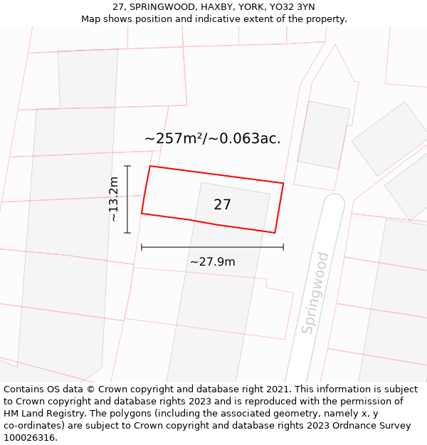 27, SPRINGWOOD, HAXBY, YORK, YO32 3YN: Plot and title map