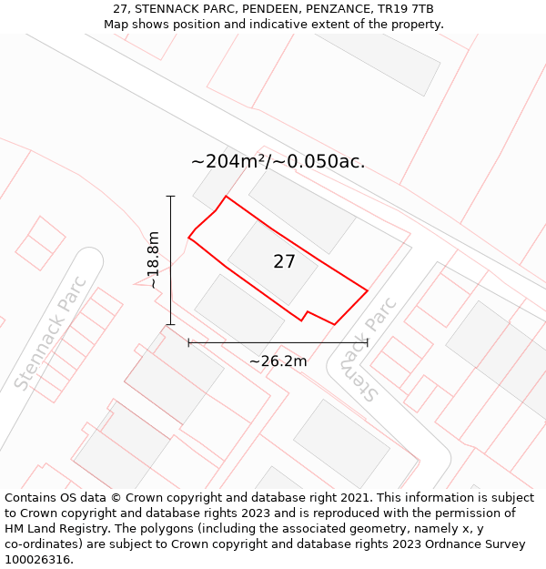 27, STENNACK PARC, PENDEEN, PENZANCE, TR19 7TB: Plot and title map