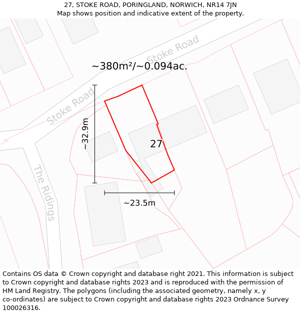 27, STOKE ROAD, PORINGLAND, NORWICH, NR14 7JN: Plot and title map