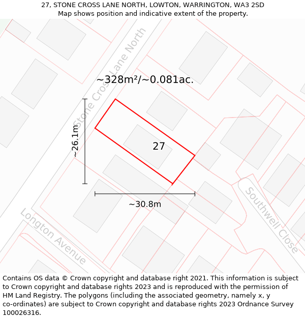 27, STONE CROSS LANE NORTH, LOWTON, WARRINGTON, WA3 2SD: Plot and title map