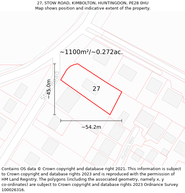 27, STOW ROAD, KIMBOLTON, HUNTINGDON, PE28 0HU: Plot and title map