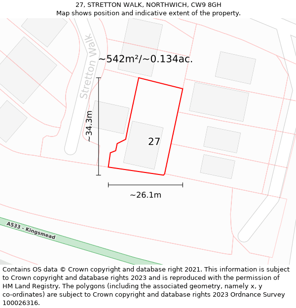 27, STRETTON WALK, NORTHWICH, CW9 8GH: Plot and title map