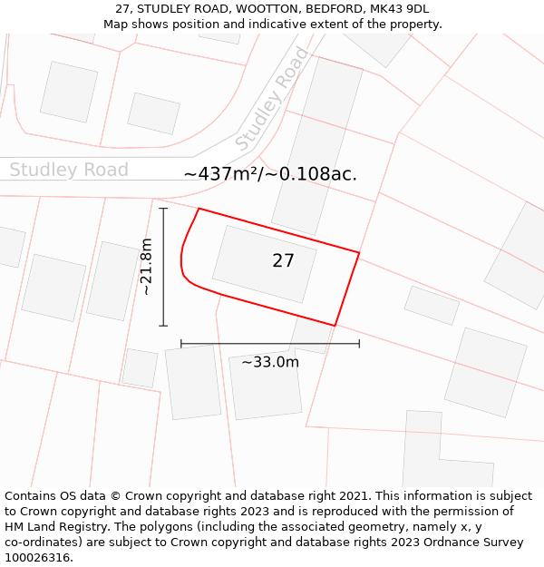 27, STUDLEY ROAD, WOOTTON, BEDFORD, MK43 9DL: Plot and title map