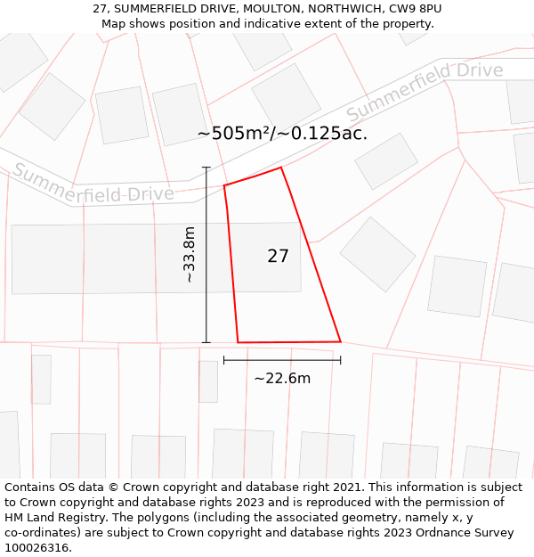 27, SUMMERFIELD DRIVE, MOULTON, NORTHWICH, CW9 8PU: Plot and title map