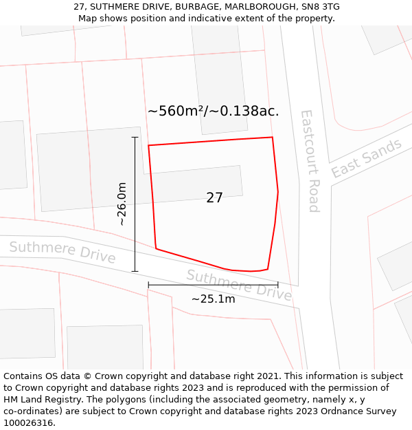 27, SUTHMERE DRIVE, BURBAGE, MARLBOROUGH, SN8 3TG: Plot and title map