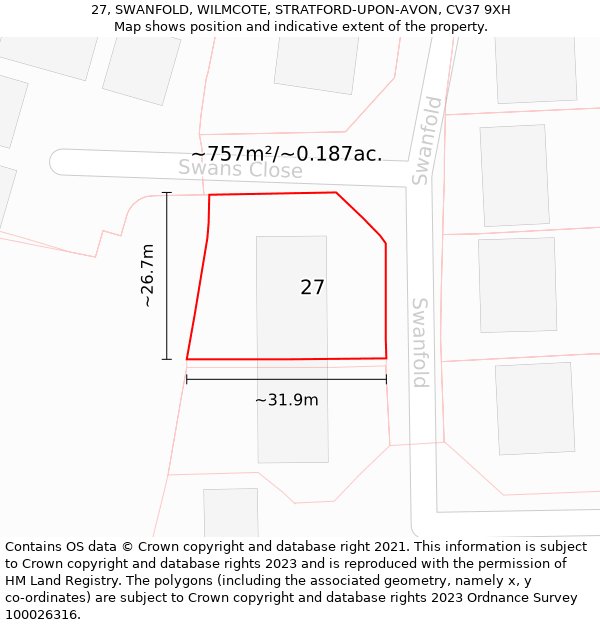 27, SWANFOLD, WILMCOTE, STRATFORD-UPON-AVON, CV37 9XH: Plot and title map