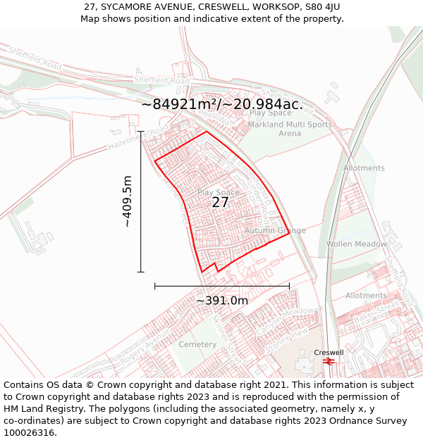 27, SYCAMORE AVENUE, CRESWELL, WORKSOP, S80 4JU: Plot and title map