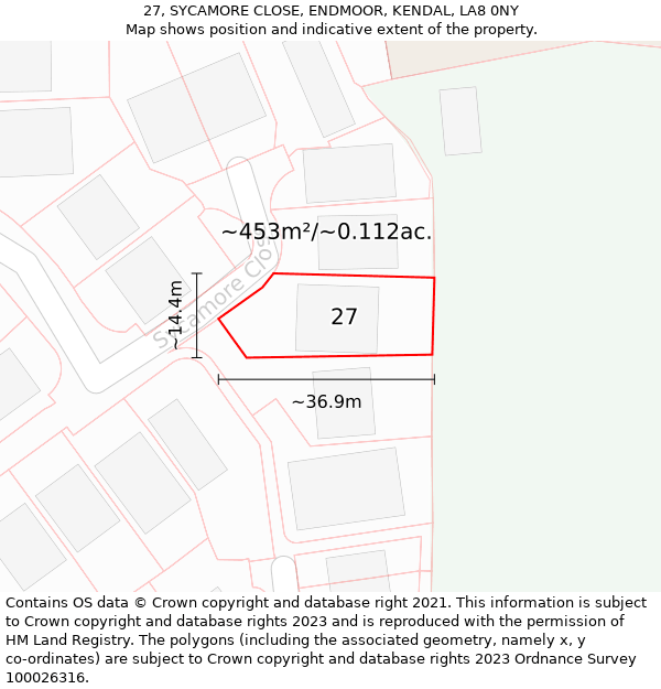 27, SYCAMORE CLOSE, ENDMOOR, KENDAL, LA8 0NY: Plot and title map