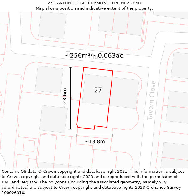 27, TAVERN CLOSE, CRAMLINGTON, NE23 8AR: Plot and title map