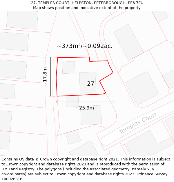 27, TEMPLES COURT, HELPSTON, PETERBOROUGH, PE6 7EU: Plot and title map