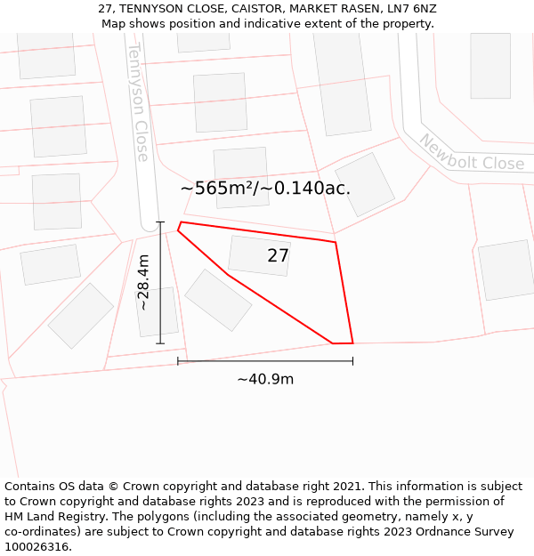 27, TENNYSON CLOSE, CAISTOR, MARKET RASEN, LN7 6NZ: Plot and title map