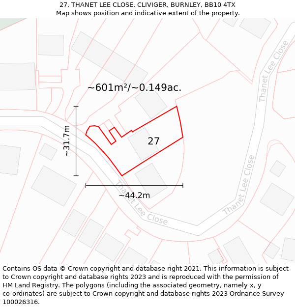 27, THANET LEE CLOSE, CLIVIGER, BURNLEY, BB10 4TX: Plot and title map