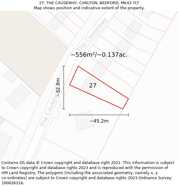 27, THE CAUSEWAY, CARLTON, BEDFORD, MK43 7LT: Plot and title map