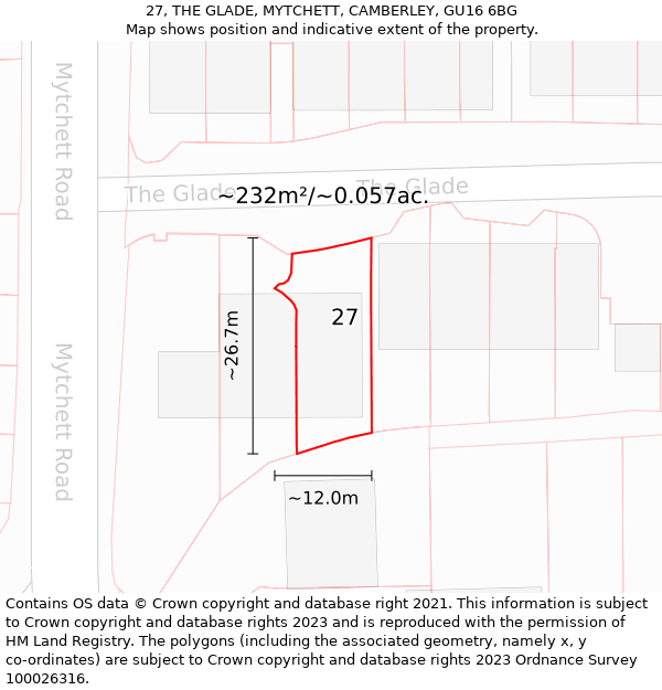 27, THE GLADE, MYTCHETT, CAMBERLEY, GU16 6BG: Plot and title map