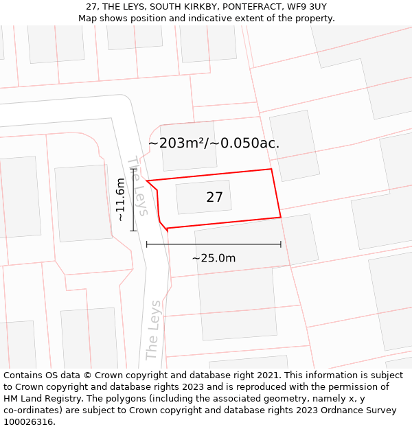 27, THE LEYS, SOUTH KIRKBY, PONTEFRACT, WF9 3UY: Plot and title map