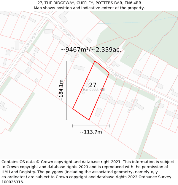 27, THE RIDGEWAY, CUFFLEY, POTTERS BAR, EN6 4BB: Plot and title map