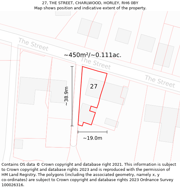 27, THE STREET, CHARLWOOD, HORLEY, RH6 0BY: Plot and title map