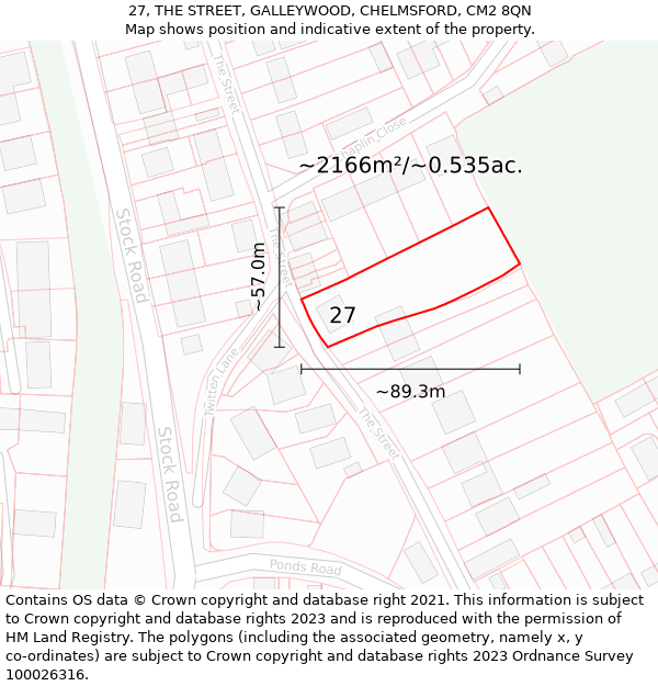 27, THE STREET, GALLEYWOOD, CHELMSFORD, CM2 8QN: Plot and title map