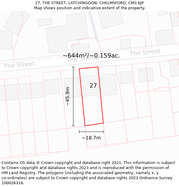 27, THE STREET, LATCHINGDON, CHELMSFORD, CM3 6JP: Plot and title map