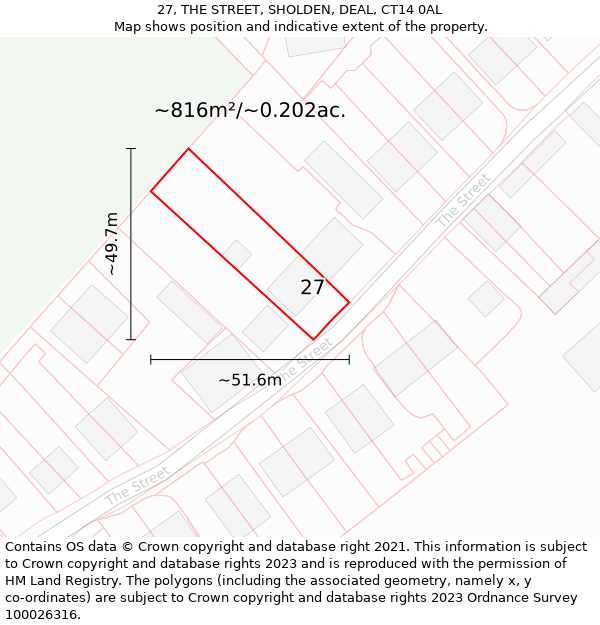 27, THE STREET, SHOLDEN, DEAL, CT14 0AL: Plot and title map