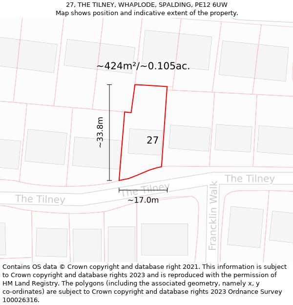 27, THE TILNEY, WHAPLODE, SPALDING, PE12 6UW: Plot and title map