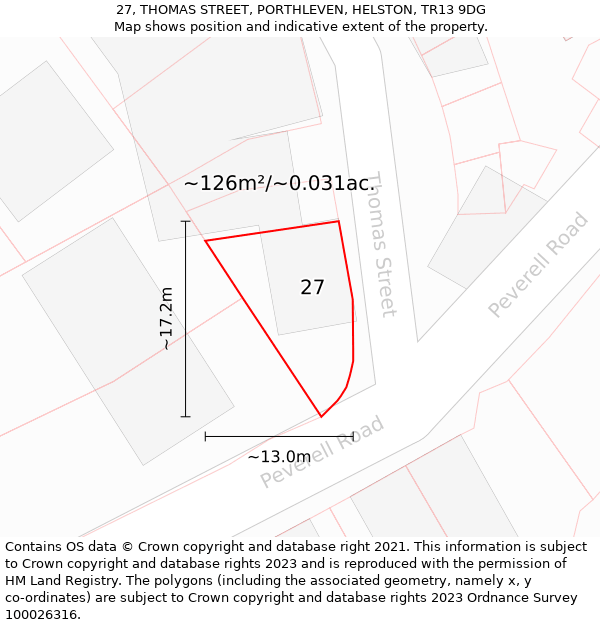 27, THOMAS STREET, PORTHLEVEN, HELSTON, TR13 9DG: Plot and title map