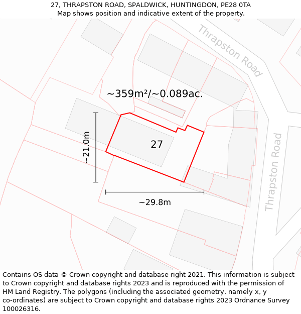 27, THRAPSTON ROAD, SPALDWICK, HUNTINGDON, PE28 0TA: Plot and title map