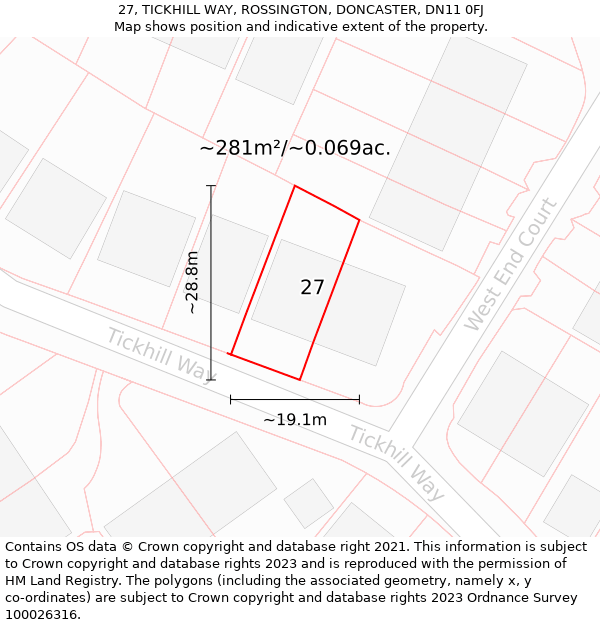 27, TICKHILL WAY, ROSSINGTON, DONCASTER, DN11 0FJ: Plot and title map