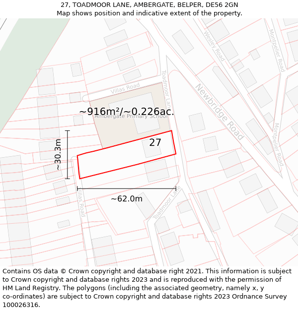 27, TOADMOOR LANE, AMBERGATE, BELPER, DE56 2GN: Plot and title map