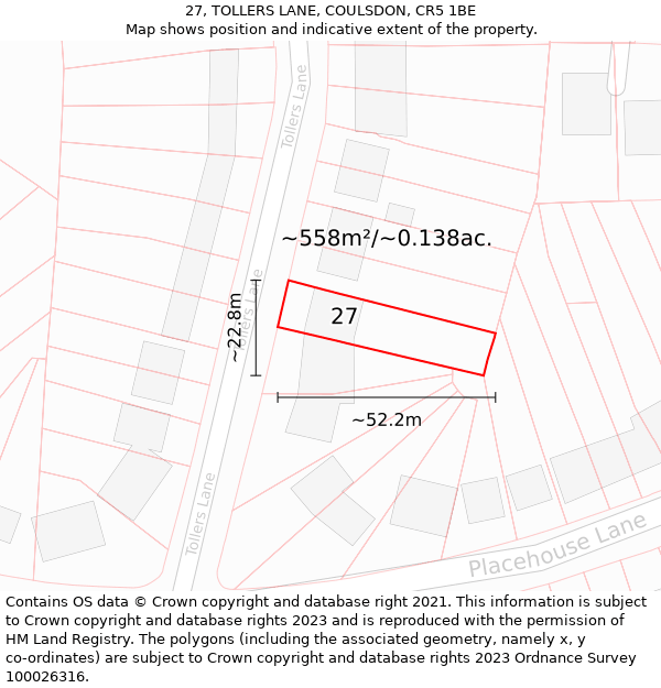 27, TOLLERS LANE, COULSDON, CR5 1BE: Plot and title map