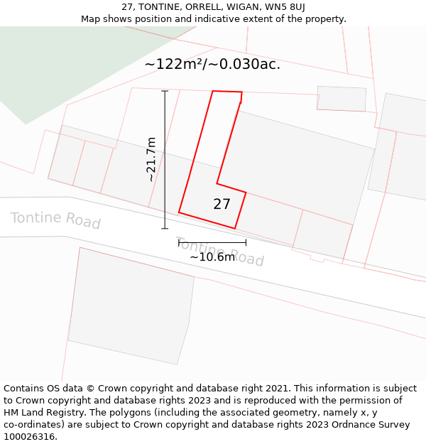 27, TONTINE, ORRELL, WIGAN, WN5 8UJ: Plot and title map