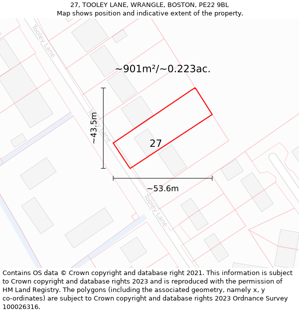 27, TOOLEY LANE, WRANGLE, BOSTON, PE22 9BL: Plot and title map