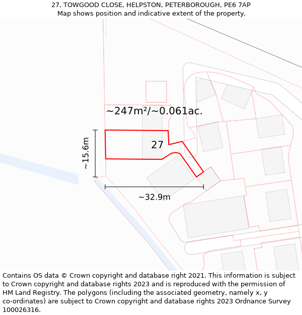 27, TOWGOOD CLOSE, HELPSTON, PETERBOROUGH, PE6 7AP: Plot and title map