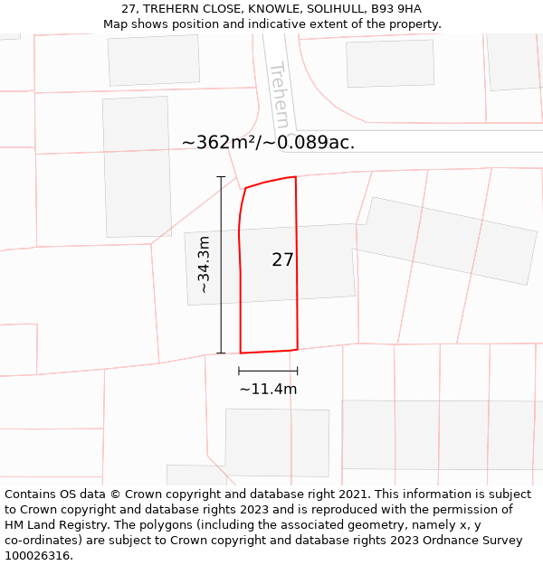 27, TREHERN CLOSE, KNOWLE, SOLIHULL, B93 9HA: Plot and title map