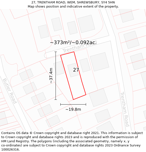 27, TRENTHAM ROAD, WEM, SHREWSBURY, SY4 5HN: Plot and title map