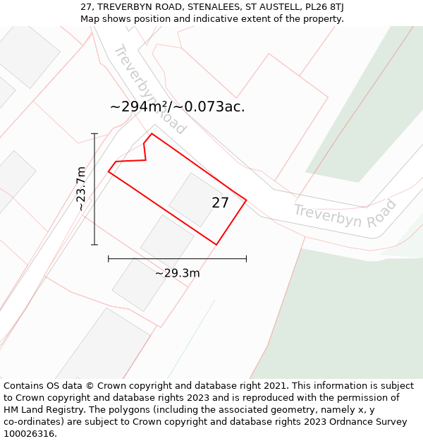 27, TREVERBYN ROAD, STENALEES, ST AUSTELL, PL26 8TJ: Plot and title map
